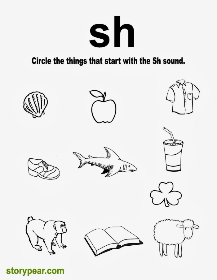 Preschool worksheet featuring SH sound identification and letter tracing activities for students