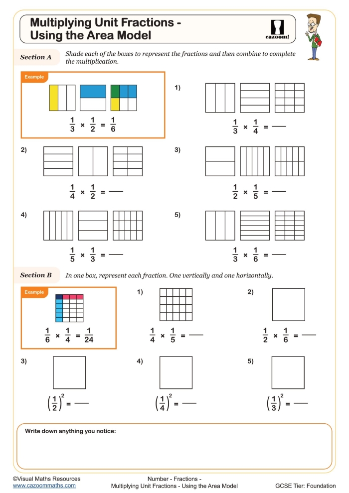Students practicing multiplication of fractions using area models in a worksheet. Shade It In! Multiply Fractions with Area Models Worksheet for Fifth Grade.