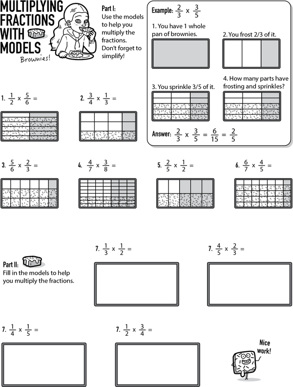 Students practicing multiplication of fractions using area models in a worksheet. Shade It In! Multiply Fractions with Area Models for fifth grade learners.