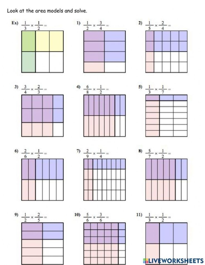 Students practicing multiplication of fractions using area models in a worksheet. Shade It In! Multiply Fractions with Area Models worksheet for fifth graders.