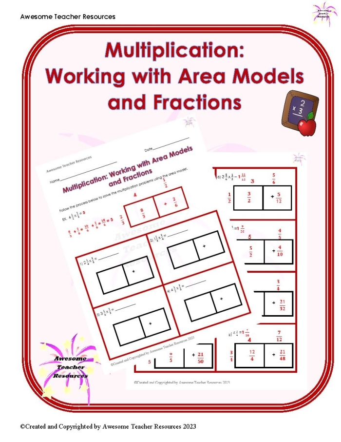 Worksheet demonstrating students shading area models for multiplying fractions