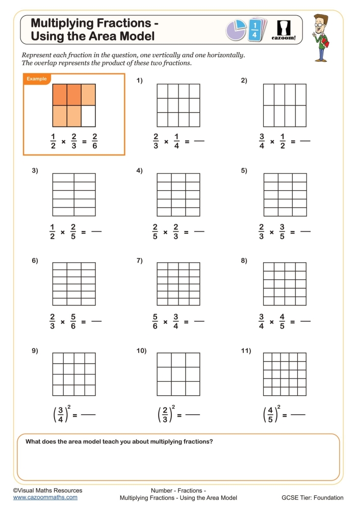 Worksheet featuring a scaffolded exercise for multiplying fractions using area models for fifth graders