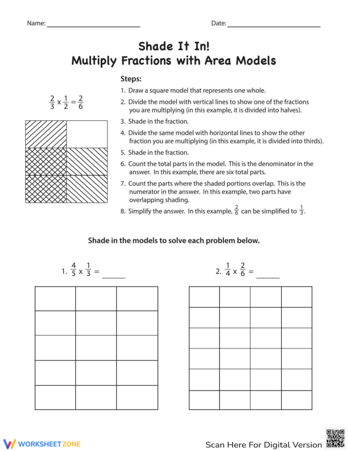Worksheet featuring students using area models to multiply fractions by shading in sections