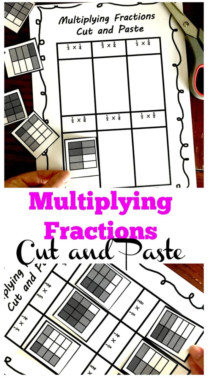 Worksheet featuring students multiplying fractions using area models in a shaded drawing