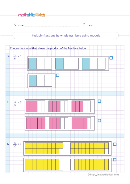 Students practicing fraction multiplication using area models in the Shade It In! worksheet