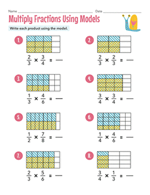 Worksheet showing students shading area models to multiply fractions in a fifth-grade math lesson