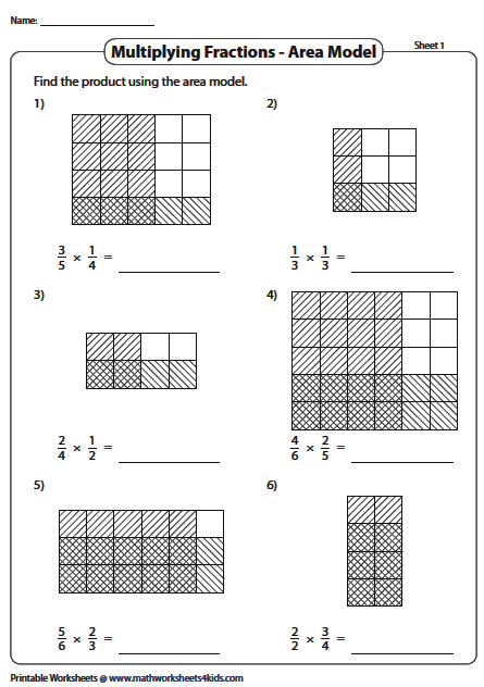 Worksheet demonstrating area models for multiplying fractions in a fifth-grade classroom