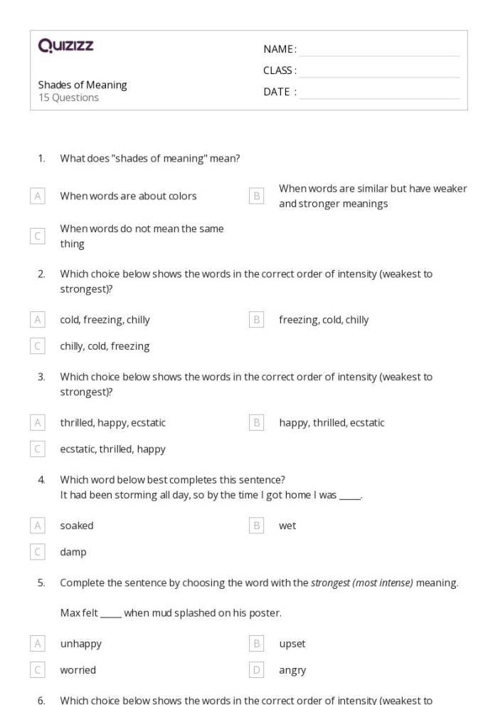 Seventh grade worksheet for ordering vocabulary words by intensity of meaning
