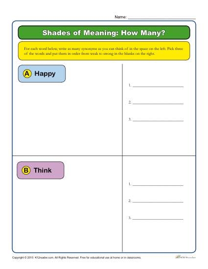 Fourth grade students completing a shades of meaning worksheet with emoji drawings to explore synonyms and emotional vocabulary