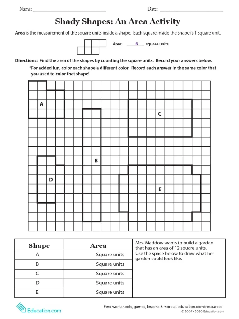 Third grade student using the Shady Shapes An Area Activity worksheet to count unit squares