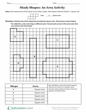 Third grade student worksheet titled Shady Shapes for calculating the area of geometric figures by counting unit squares
