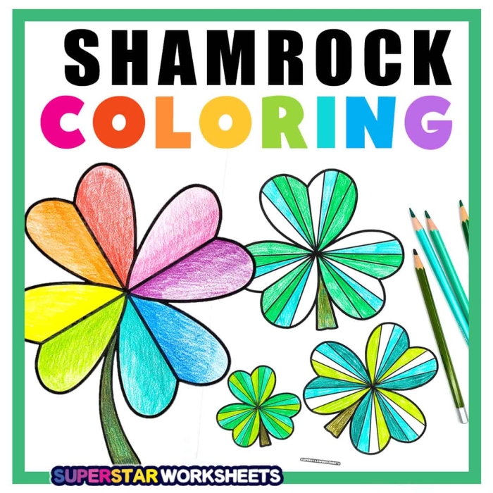 Pre-K student coloring a festive shamrock worksheet for St. Patrick's Day