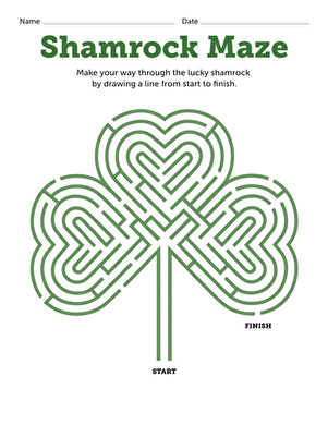 Shamrock maze worksheet for third graders to navigate from start to finish