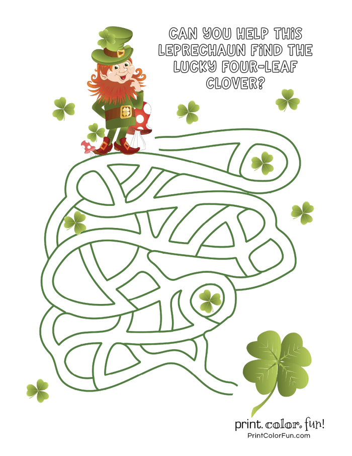 Shamrock maze worksheet for third graders to navigate from start to finish. Engaging St. Patrick's Day activity for Earth and Space Science.