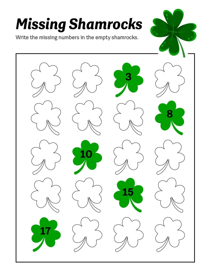 Shamrock worksheet for Pre-K students focusing on subtraction skills