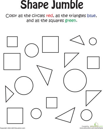 Colorful geometric shapes for kindergarten students to identify and color in a division learning activity