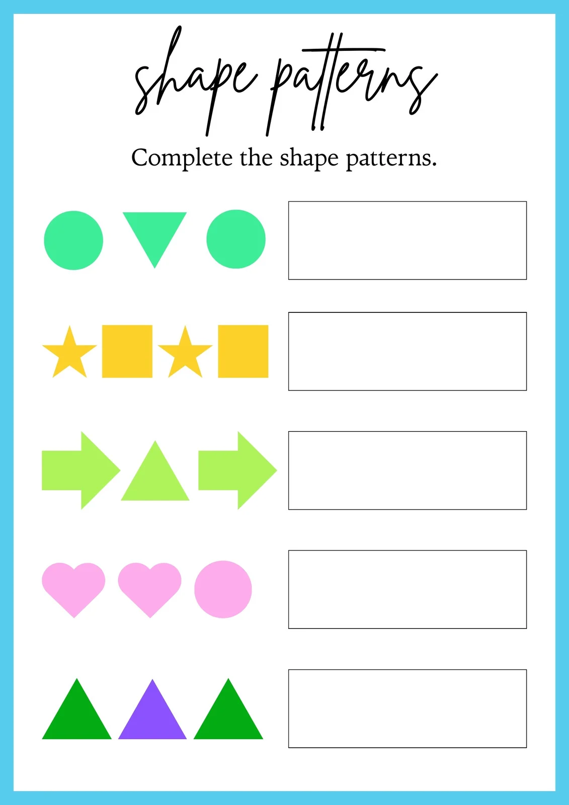 Colorful geometry worksheet for Pre-K children to complete shape patterns