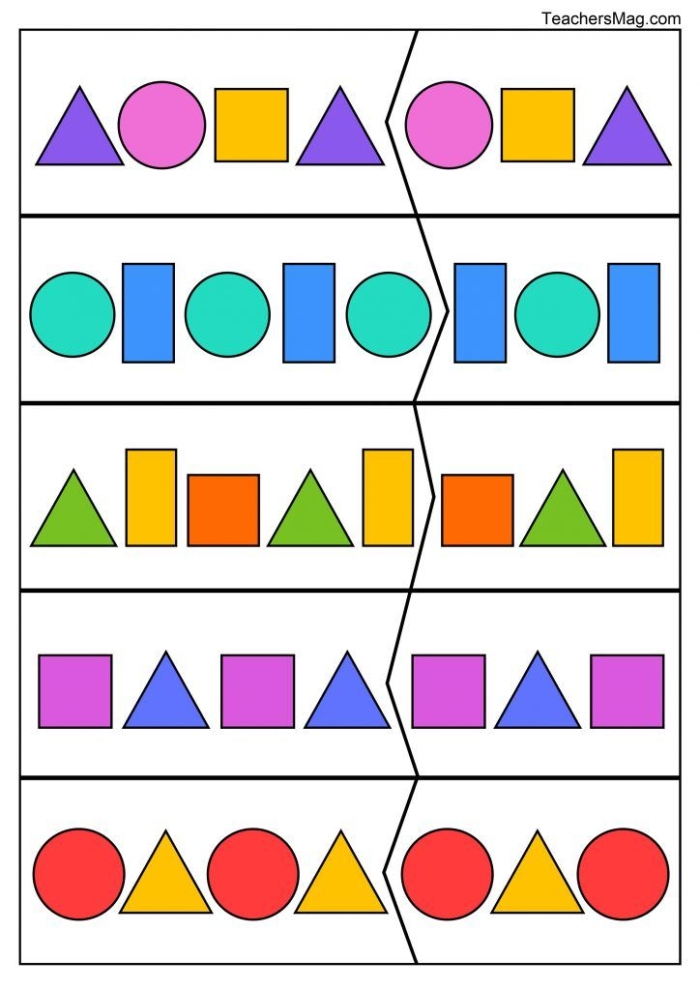 First grade shape patterns worksheet with colorful circles, squares, and triangles in repeating sequences for students to continue