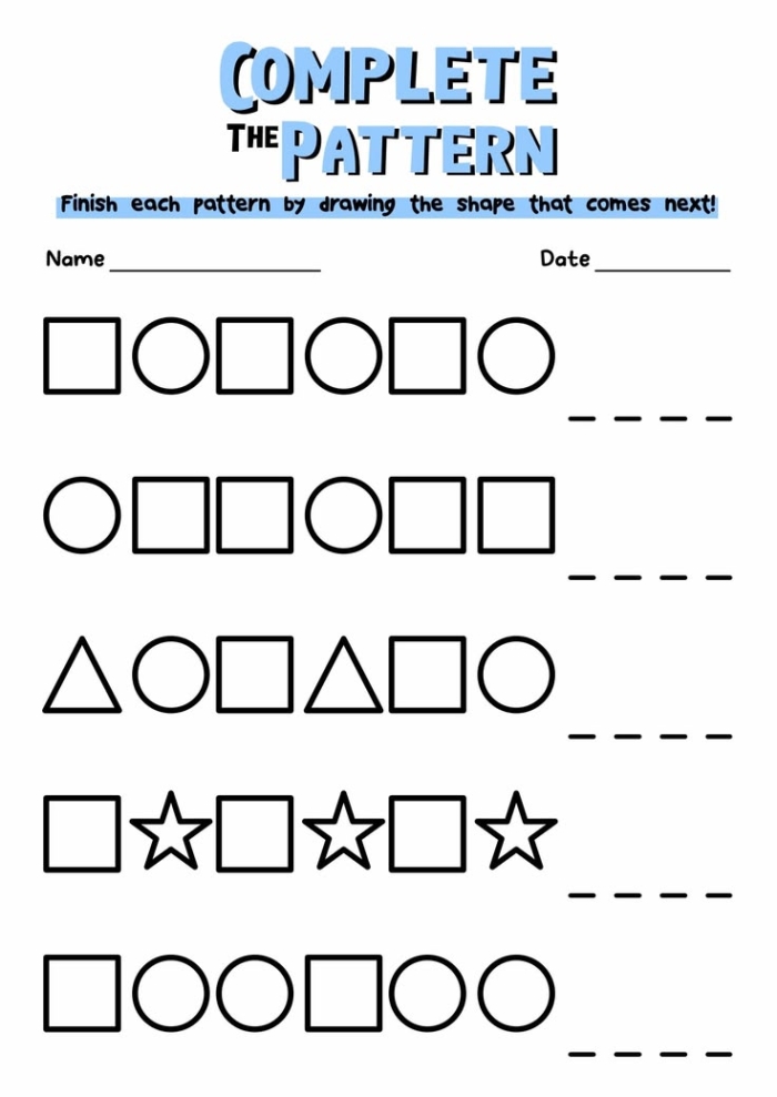 First grade student completing a shape patterns worksheet identifying sequences