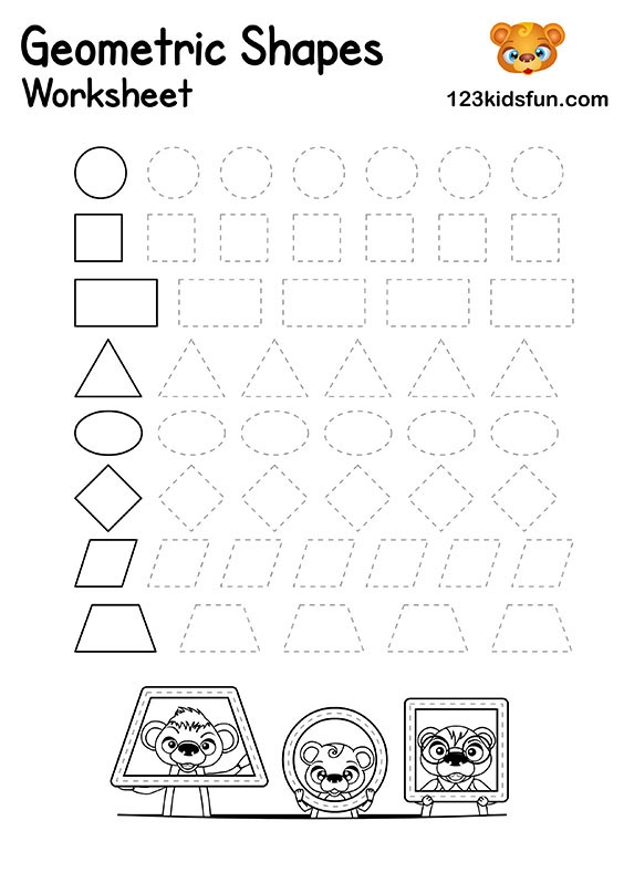 First grade geometry worksheet featuring shapes used to create simple everyday pictures