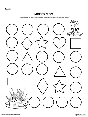 Fun shapes maze worksheet for Pre-K children to enhance reading skills Shapes maze worksheet featuring an astronaut navigating stars for shape identification