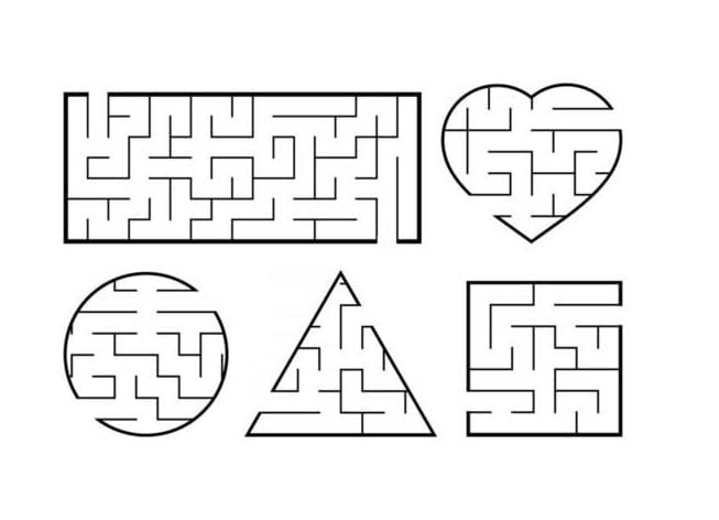 Interactive shapes maze helping young learners identify different shapes while guiding an astronaut home Shapes maze worksheet for pre-K students featuring an astronaut navigating through stars