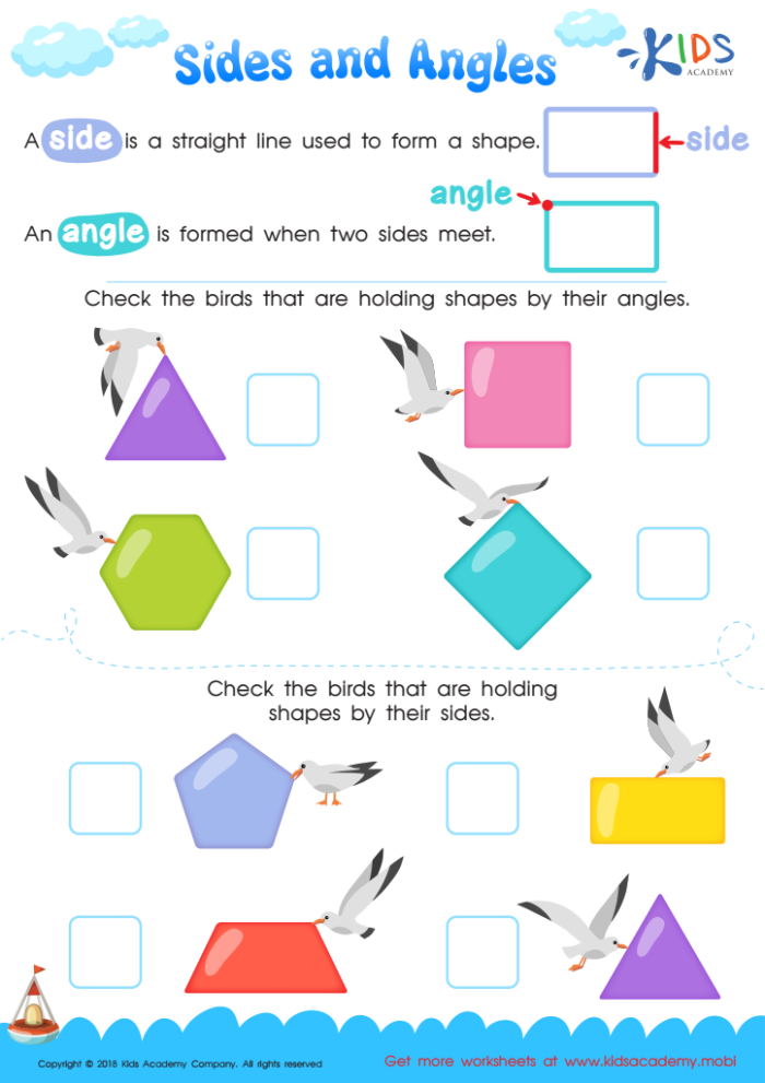 First grade geometry worksheet featuring various shapes for students to count the sides