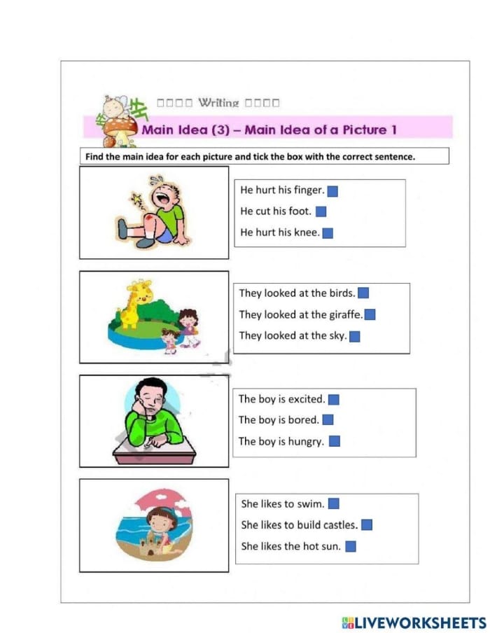 Shark-themed worksheet for third graders focusing on identifying the main idea in reading