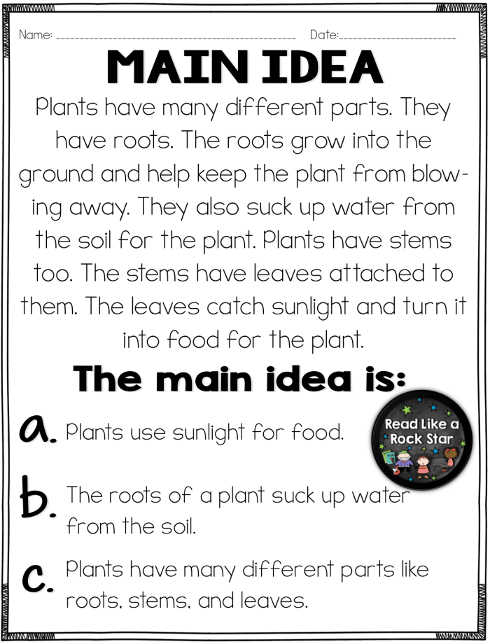 Shark-themed worksheet for third graders focusing on identifying the main idea in reading