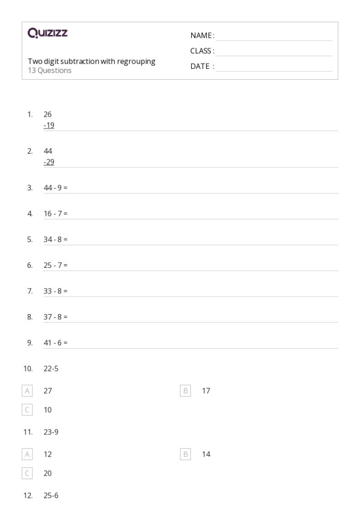 Worksheet featuring two-digit subtraction problems with regrouping for third graders