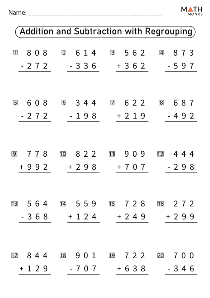 Worksheet featuring two-digit subtraction problems with regrouping for third graders