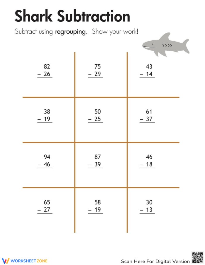 Third grade student completing a Shark themed two-digit subtraction with regrouping math worksheet