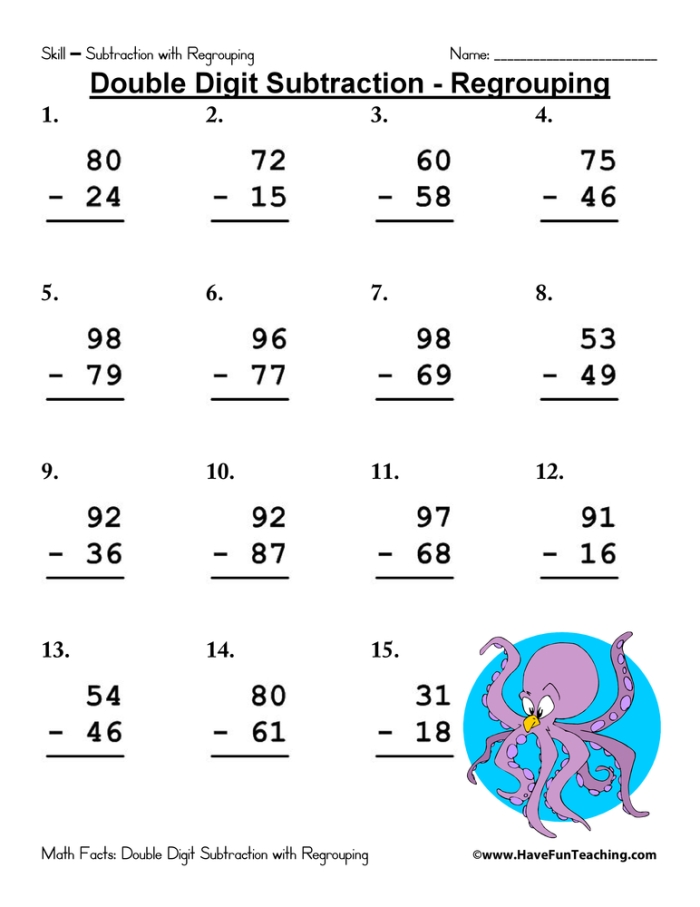 Third grade student completing two-digit subtraction problems with regrouping on a shark-themed math worksheet