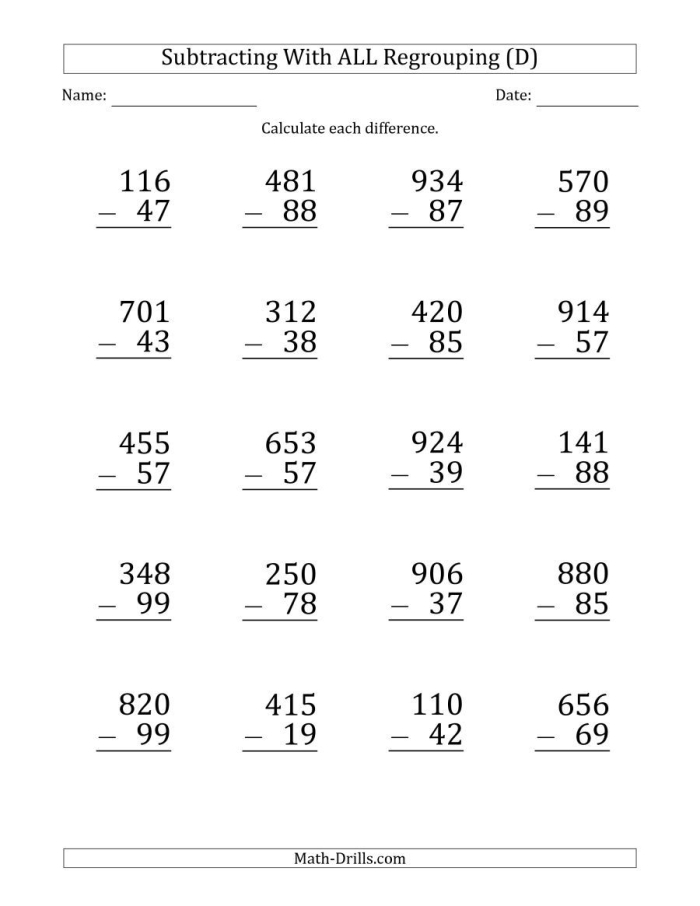 Worksheet featuring two-digit subtraction problems with regrouping for third graders