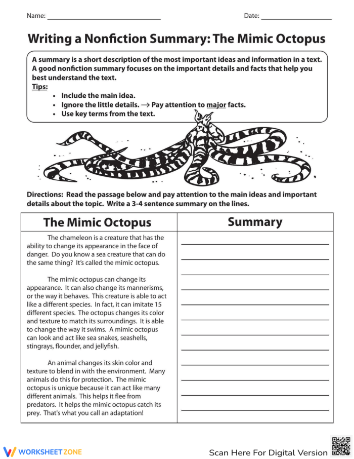 A fourth grade student worksheet showing a nonfiction passage about sharks with lines for writing a summary response