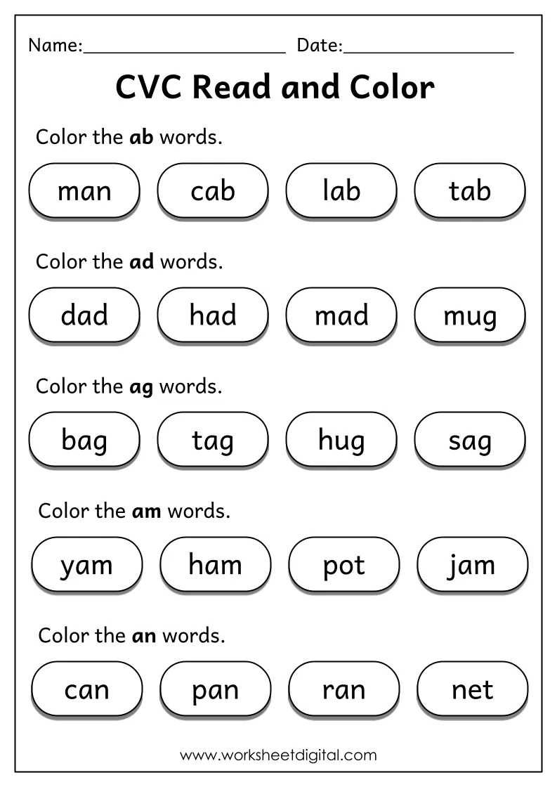 Worksheet featuring short A CVC words with illustrations of cats, bats, and hats for kindergarten phonics practice