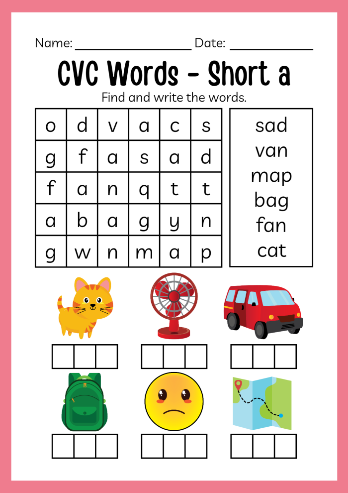 Worksheet featuring short A CVC words with playful illustrations of cats, bats, and hats