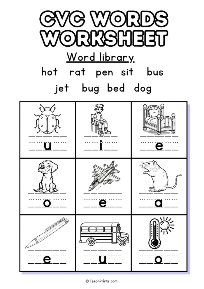 Worksheet featuring playful illustrations of cats, bats, and hats for practicing short A CVC words