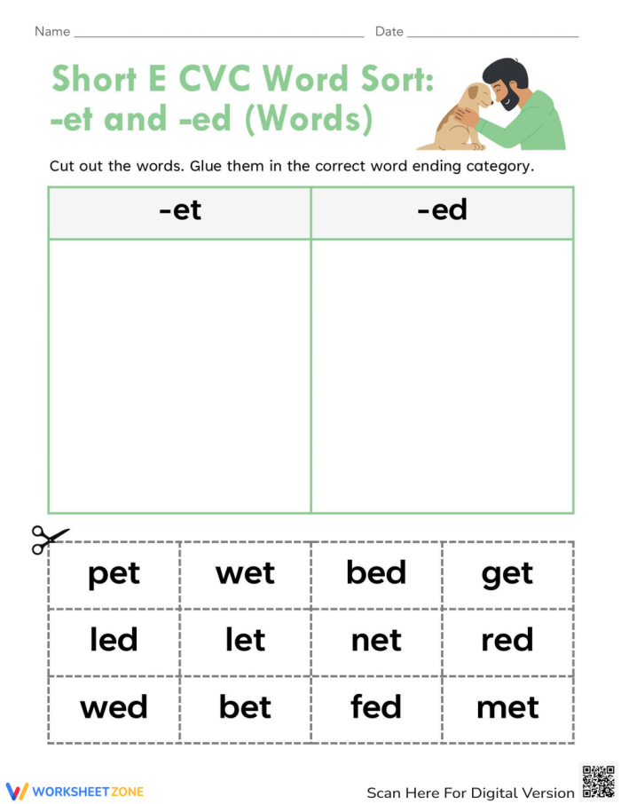 Kindergarten students completing a worksheet sorting short A words ending in at and an