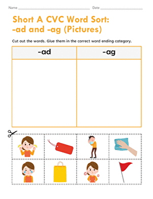 Kindergarten worksheet featuring a short A word sort exercise with at and an word families