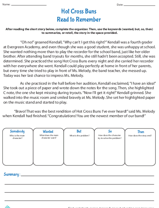Short and Sweet Summaries worksheet for third graders using the "Somebody Wanted But So Then" method