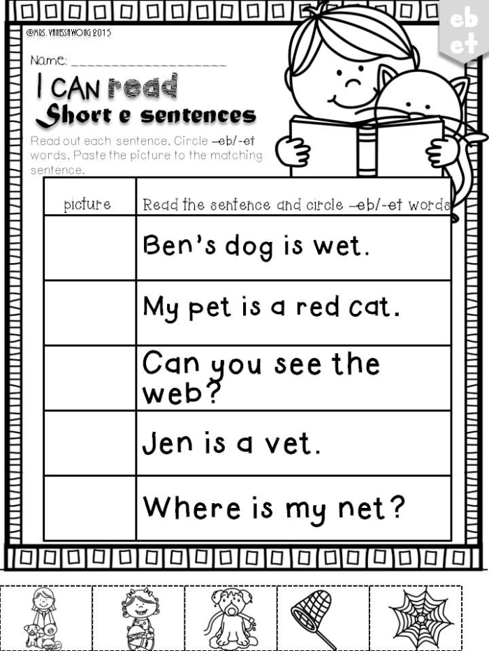 Short E Word Worksheet Building Exercise for Kindergarteners Kindergarten student completing a cut and paste activity to build CVC short E words for life science