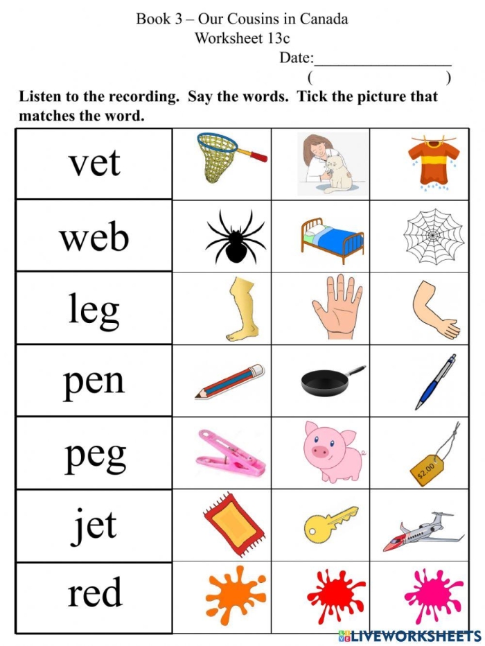 Fun With Short E CVC Words Writing Worksheet for Kindergarteners Kindergarten student practicing phonics by completing a Fun With Short E CVC Words worksheet
