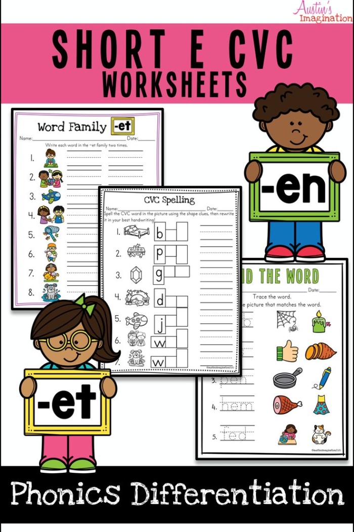 Fun With Short E CVC Words Learning Activity for Beginning Readers Kindergarten student practicing short E CVC words by writing and tracing phonetic exercises on a colorful worksheet
