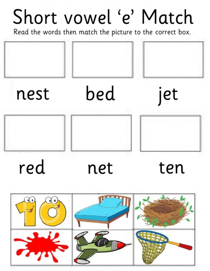 Short E CVC word building worksheet for kindergarten life science lesson 4 Kindergarten student completing a phonics activity to build CVC short E words for science class