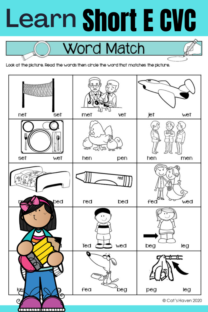 Fun With Short E CVC Words Worksheet 7 Kindergarten student completing a phonics worksheet focused on short E CVC words
