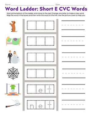 Interactive short E word activity sheet for early readers learning consonant-vowel-consonant patterns Kindergarten student practicing short E CVC words by writing and tracing letters on a phonics worksheet