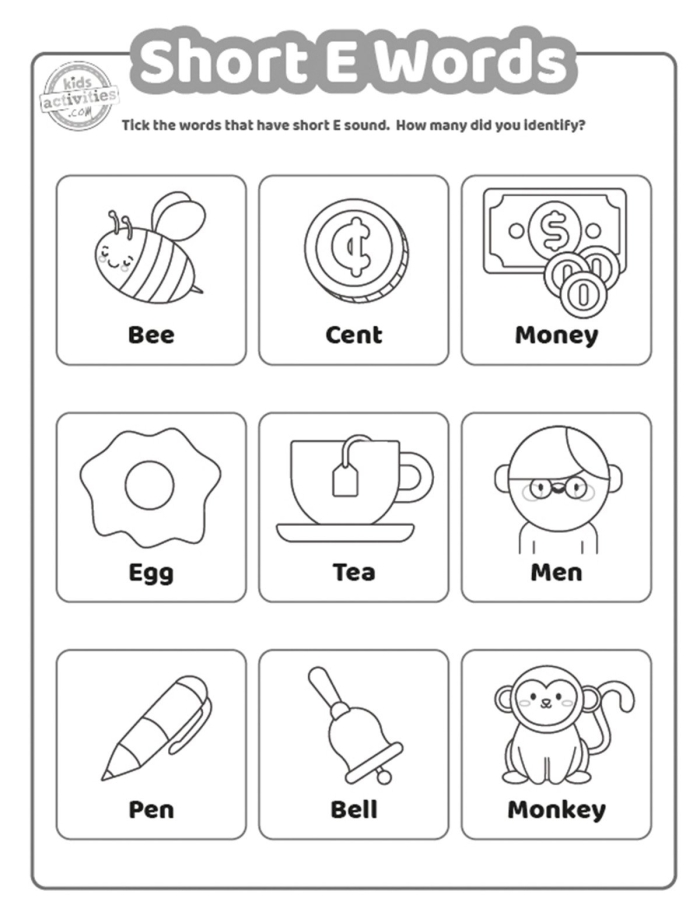 Make a Short E Word activity sheet for beginning readers to practice consonant-vowel-consonant word building Kindergarten student worksheet showing letter tiles and blank spaces for building short E CVC words like bed, pet, and hen