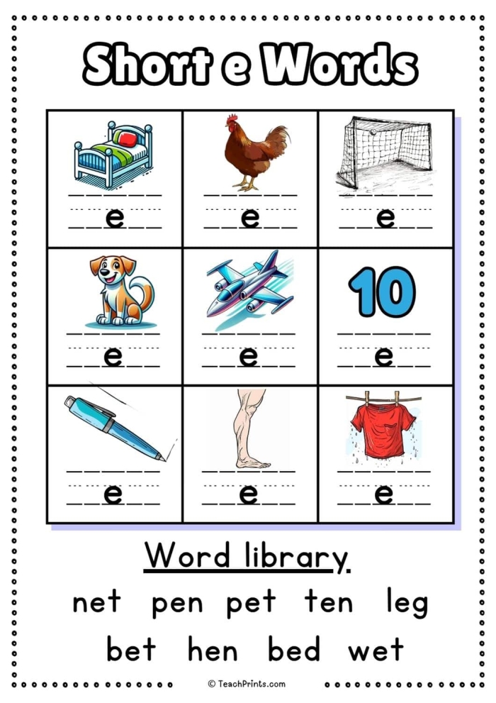 Practice Short E Word Formation Worksheet 15 Kindergarten worksheet for building CVC short E words with animal and nature themes