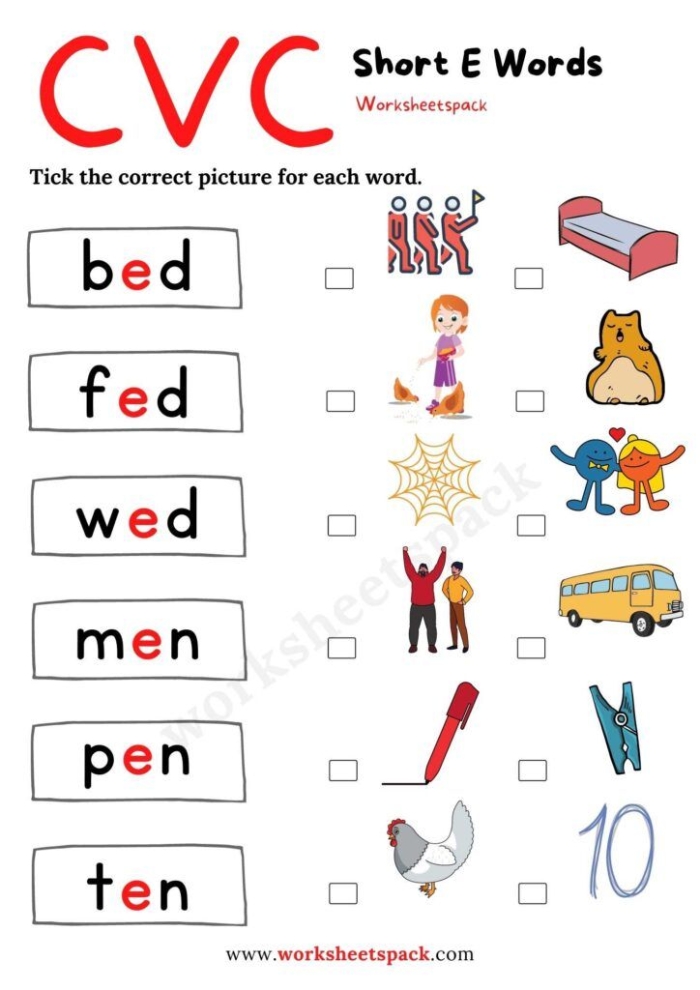 Make a Short E Word Worksheet 18 Kindergarten worksheet for practicing short E CVC word building skills